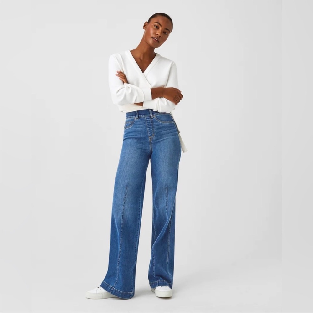 NWT SPANX Seamed Front, Wide Leg Jeans in Vintage Indigo